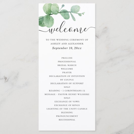 Waterverf eucalyptus. Elegant script bruiloft Programmakaart (Voorkant)