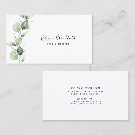 Waterverf Eucalyptus Elegante Script Schoonheidssa Visitekaartje (Voorkant / Achterkant)