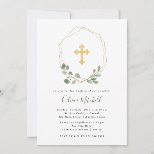 Waterverf Eucalyptus en Gold Cross | Baptisme Kaart (Voorkant)