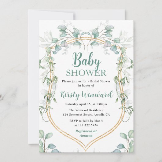 Waterverf Eucalyptus en Goud Lijst Baby shower Kaart (Voorkant)