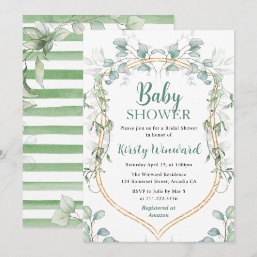Waterverf Eucalyptus en Goud Lijst Baby shower Kaart (Voorkant / Achterkant)
