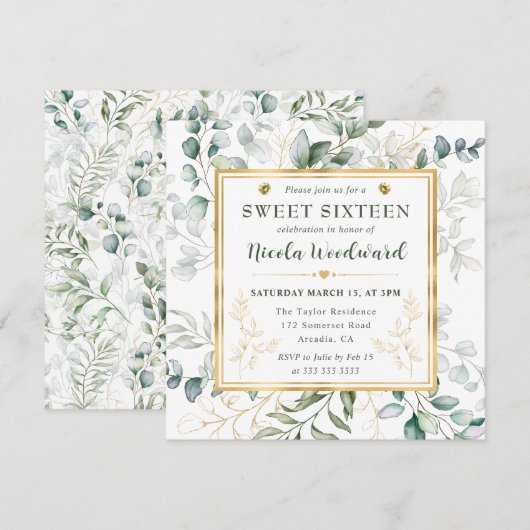 Waterverf Eucalyptus en goud lijst Sweet 16 Kaart (Voorkant / Achterkant)