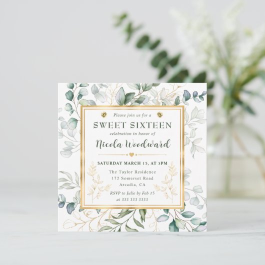 Waterverf Eucalyptus en goud lijst Sweet 16 Kaart (Staand voorkant)