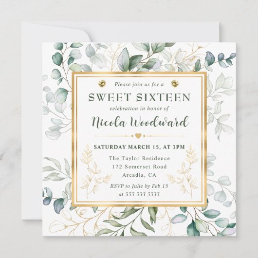 Waterverf Eucalyptus en goud lijst Sweet 16 Kaart (Voorkant)