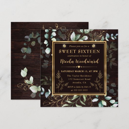 Waterverf Eucalyptus en goud lijst Sweet 16 Kaart (Voorkant / Achterkant)