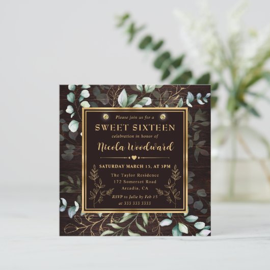Waterverf Eucalyptus en goud lijst Sweet 16 Kaart (Staand voorkant)