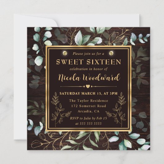 Waterverf Eucalyptus en goud lijst Sweet 16 Kaart (Voorkant)
