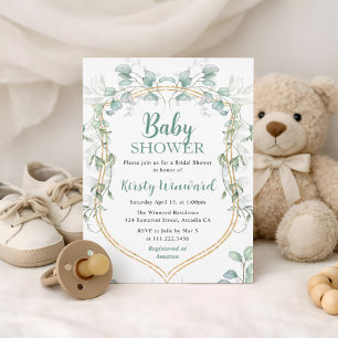Waterverf Eucalyptus en Gouden Kader Baby Shower Kaart