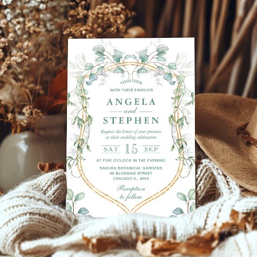 Waterverf Eucalyptus en gouden Lijst bruiloft Kaart