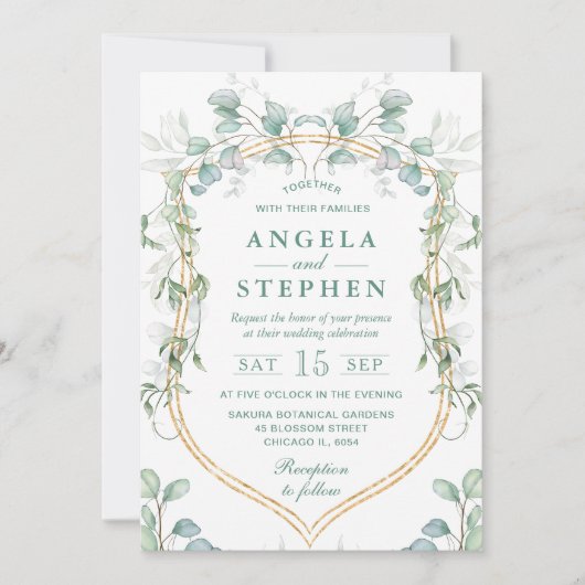 Waterverf Eucalyptus en gouden Lijst bruiloft Kaart (Voorkant)