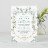 Waterverf Eucalyptus en gouden Lijst bruiloft Kaart (Staand voorkant)