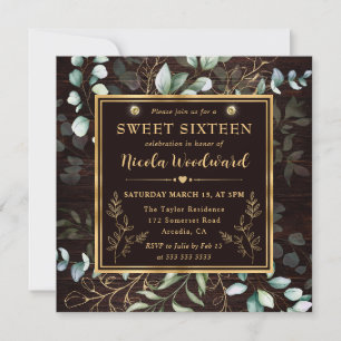 Waterverf Eucalyptus en gouden lijst Sweet 16 Kaart