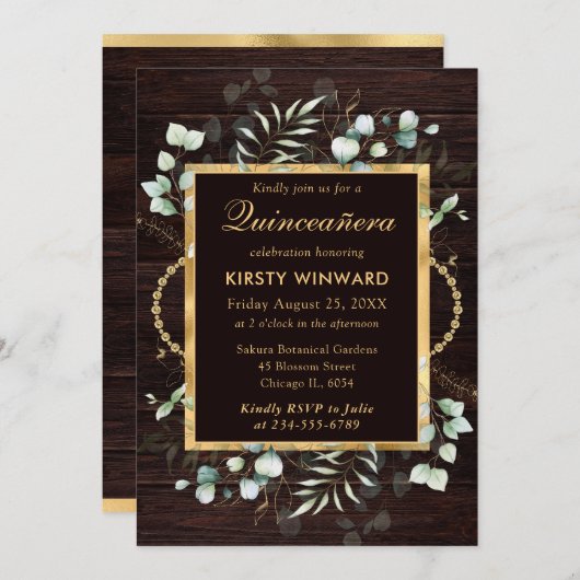 Waterverf Eucalyptus en groen Quinceanera Kaart (Voorkant / Achterkant)