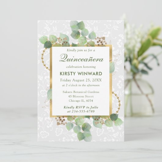 Waterverf Eucalyptus en groen Quinceanera Kaart (Staand voorkant)