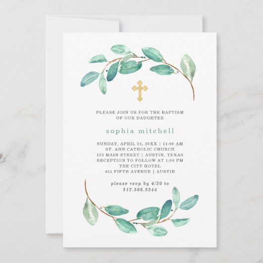 Waterverf Eucalyptus en het Gouden Kruis | doop Kaart (Voorkant)