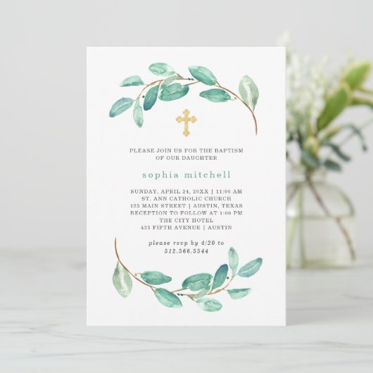 Waterverf Eucalyptus en het Gouden Kruis | doop Kaart (Staand voorkant)