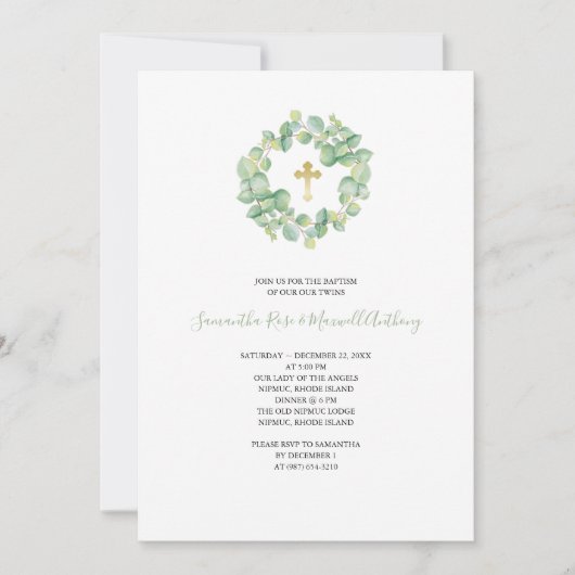 Waterverf Eucalyptus en het Gouden Kruis Doopsel Kaart (Voorkant)