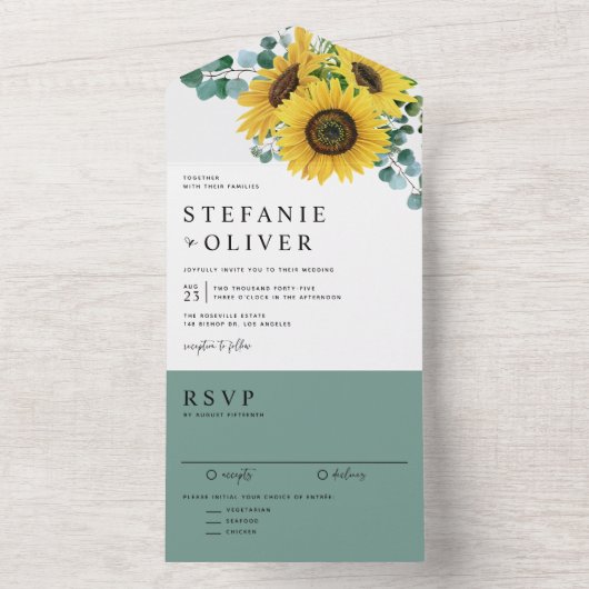 Waterverf Eucalyptus en zonnebloemen All In One Uitnodiging (Binnen)