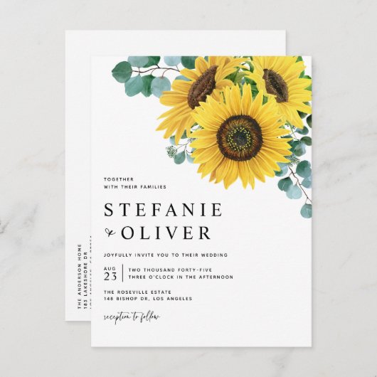 Waterverf Eucalyptus en zonnebloemen Uitnodiging Briefkaart (Voorkant / Achterkant)