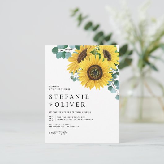 Waterverf Eucalyptus en zonnebloemen Uitnodiging Briefkaart (Staand voorkant)