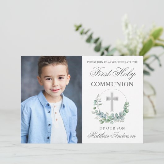 Waterverf Eucalyptus First Communtion Silver Photo Kaart (Staand voorkant)