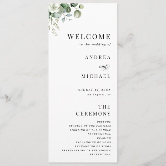 Waterverf Eucalyptus Floral Minimal Plain Wedding Programmakaart (Voorkant)