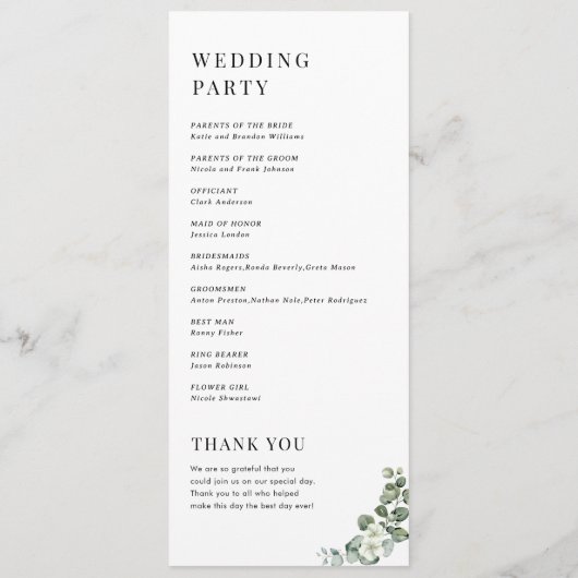Waterverf Eucalyptus Floral Minimal Plain Wedding Programmakaart (Achterkant)