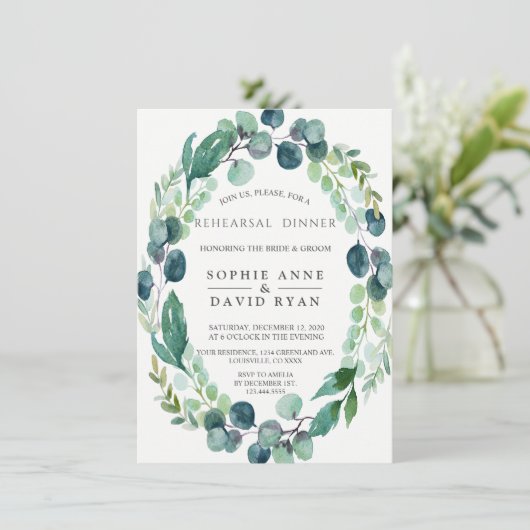 Waterverf Eucalyptus Foliage Rehearings Dinner Kaart (Staand voorkant)