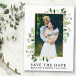 Waterverf eucalyptus foto bewaar de datum briefkaart<br><div class="desc">Moderne Waterverf Eucalyptus groen Lijst Bewaar de datum Foto Verloving Aankondiging Briefkaart - Goud Lijst</div>