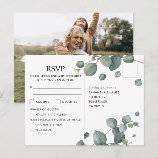 Waterverf Eucalyptus Foto Bruiloft RSVP Briefkaart (Voorkant / Achterkant)