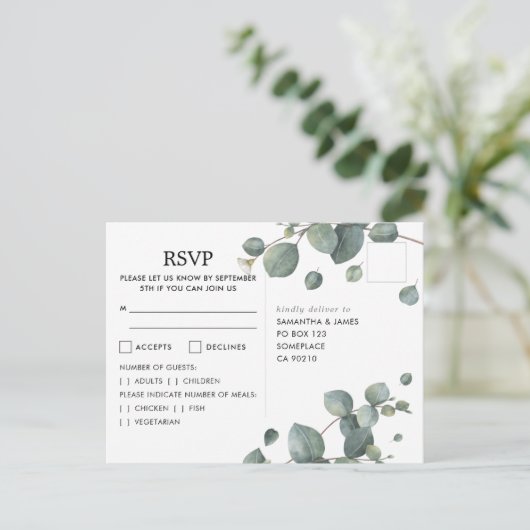 Waterverf Eucalyptus Foto Bruiloft RSVP Briefkaart (Staand voorkant)
