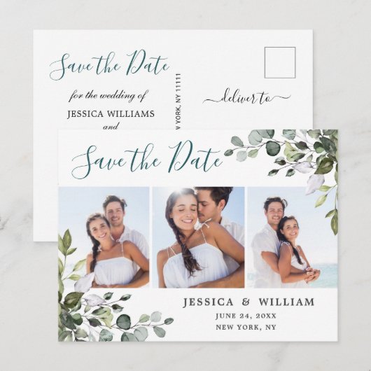 Waterverf Eucalyptus FOTO Bruiloft Save the Date Aankondigingskaart (Voorkant / Achterkant)