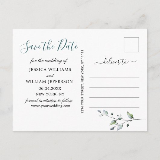 Waterverf Eucalyptus FOTO Bruiloft Save the Date Aankondigingskaart (Achterkant)