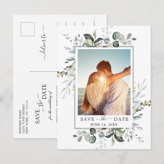 Waterverf Eucalyptus FOTO Bruiloft Save the Date Aankondigingskaart (Voorkant / Achterkant)