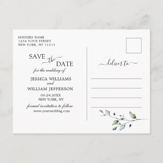 Waterverf Eucalyptus FOTO Bruiloft Save the Date Aankondigingskaart (Achterkant)