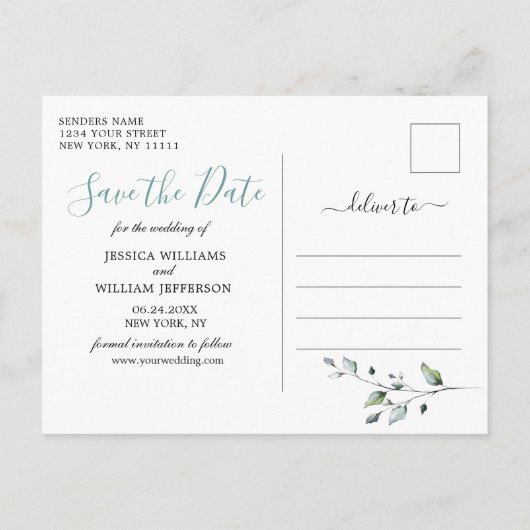 Waterverf Eucalyptus FOTO Bruiloft Save the Date Aankondigingskaart (Achterkant)