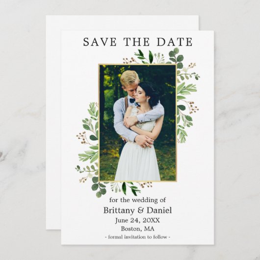 Waterverf Eucalyptus Foto Goud Lijst Save The Date (Voorkant / Achterkant)