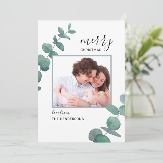 Waterverf Eucalyptus Foto Kerstkaart (Staand voorkant)