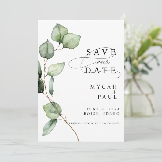 Waterverf Eucalyptus Foto Opslaan de datum Kaart (Staand voorkant)