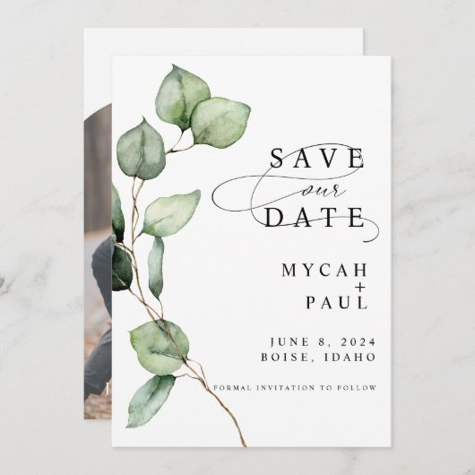 Waterverf Eucalyptus Foto Opslaan de datum Kaart (Voorkant / Achterkant)