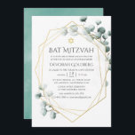 Waterverf Eucalyptus Geometric Bat Mitzvah Kaart<br><div class="desc">Trendy waterverf eucalyptus zilveren dollarknuppel mitswa uitnodiging met gouden geometrisch lijst.</div>