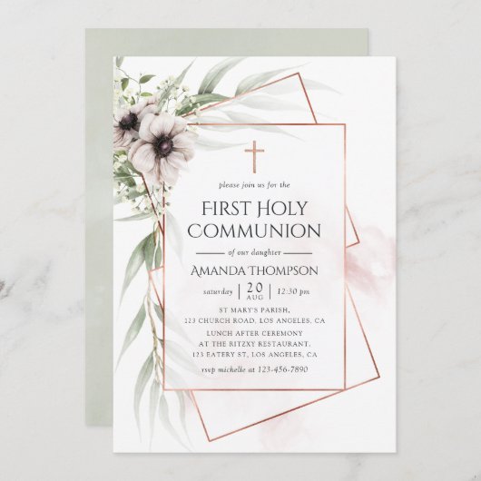 Waterverf Eucalyptus Geometric Heilige Communie Kaart (Voorkant / Achterkant)