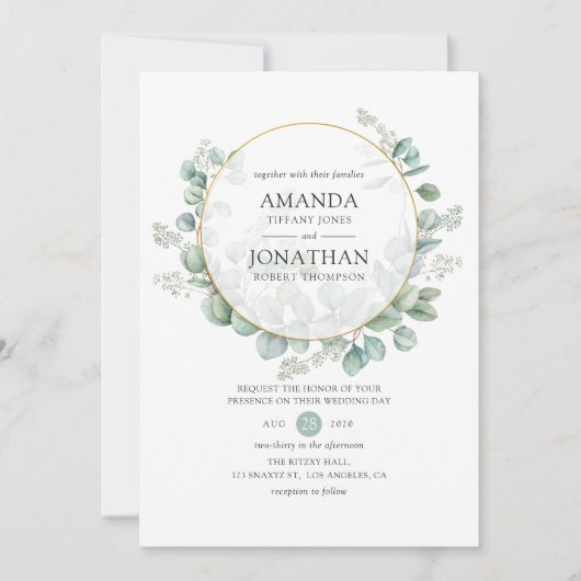 Waterverf Eucalyptus Geometric Wedding Kaart (Voorkant)