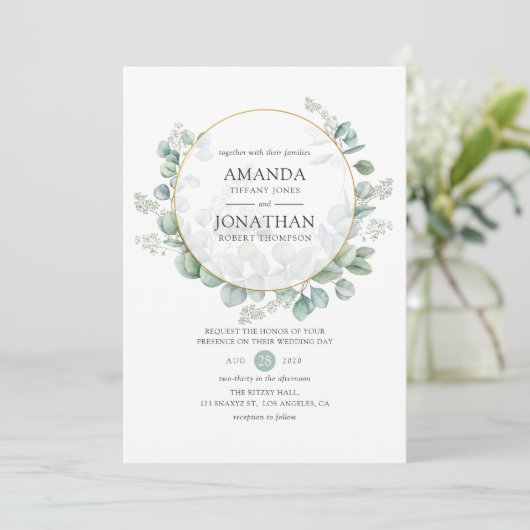 Waterverf Eucalyptus Geometric Wedding Kaart (Staand voorkant)