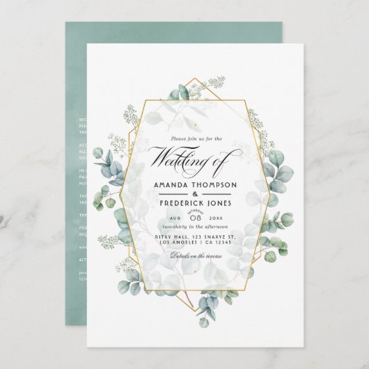 Waterverf Eucalyptus Geometric Wedding Kaart (Voorkant / Achterkant)