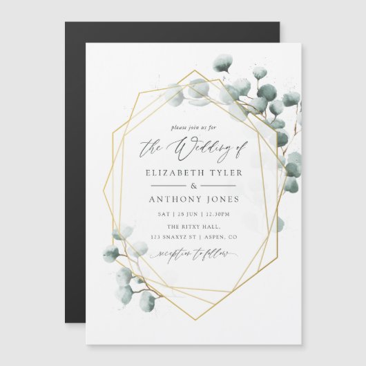 Waterverf Eucalyptus Geometric Wedding Magnetische Uitnodiging (Voorkant / Achterkant)