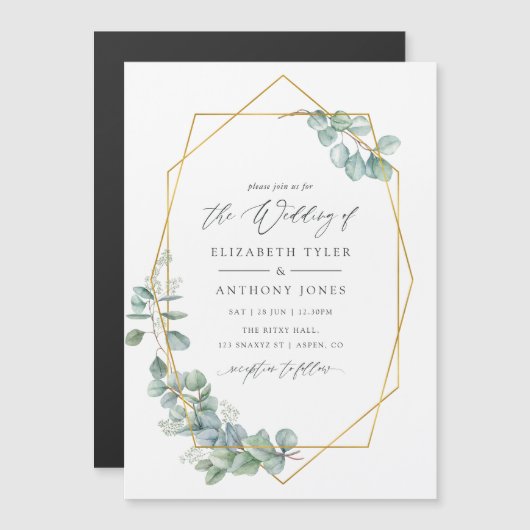 Waterverf Eucalyptus Geometric Wedding Magnetische Uitnodiging (Voorkant / Achterkant)