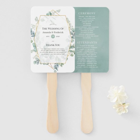Waterverf Eucalyptus Geometric Wedding Program Handwaaier (Voorkant en achterkant)