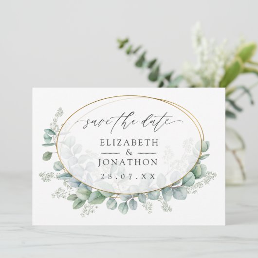 Waterverf Eucalyptus Geometric Wedding Save The Date (Staand voorkant)