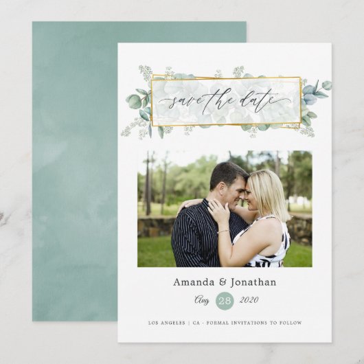 Waterverf Eucalyptus Geometric Wedding Save The Date (Voorkant / Achterkant)